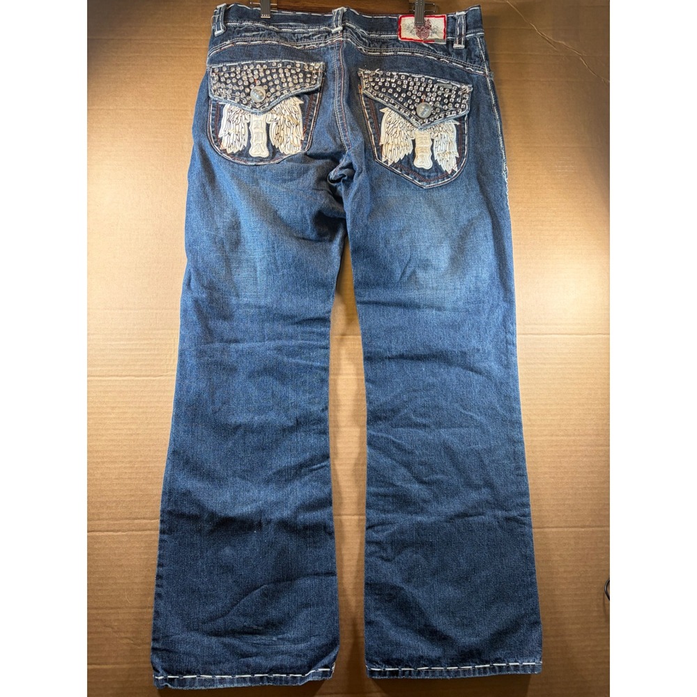 Laguna Beach Jean Co Jeans Mens 36 Blue Angel Wing Rhinestone Skull Denim Y2K